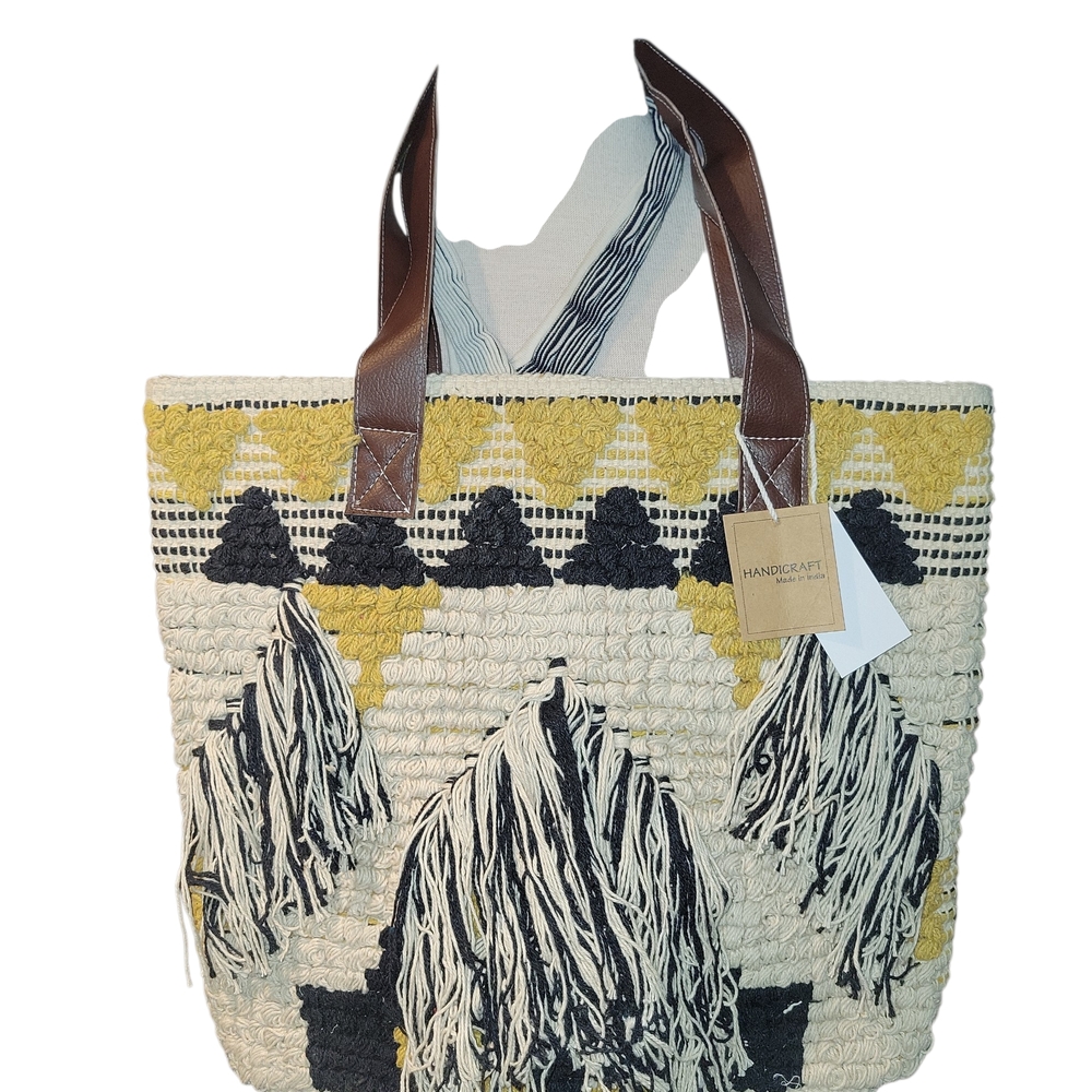 Yellow and Black Woven Tote Bag